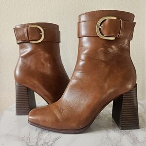 Brown stacked heel booties